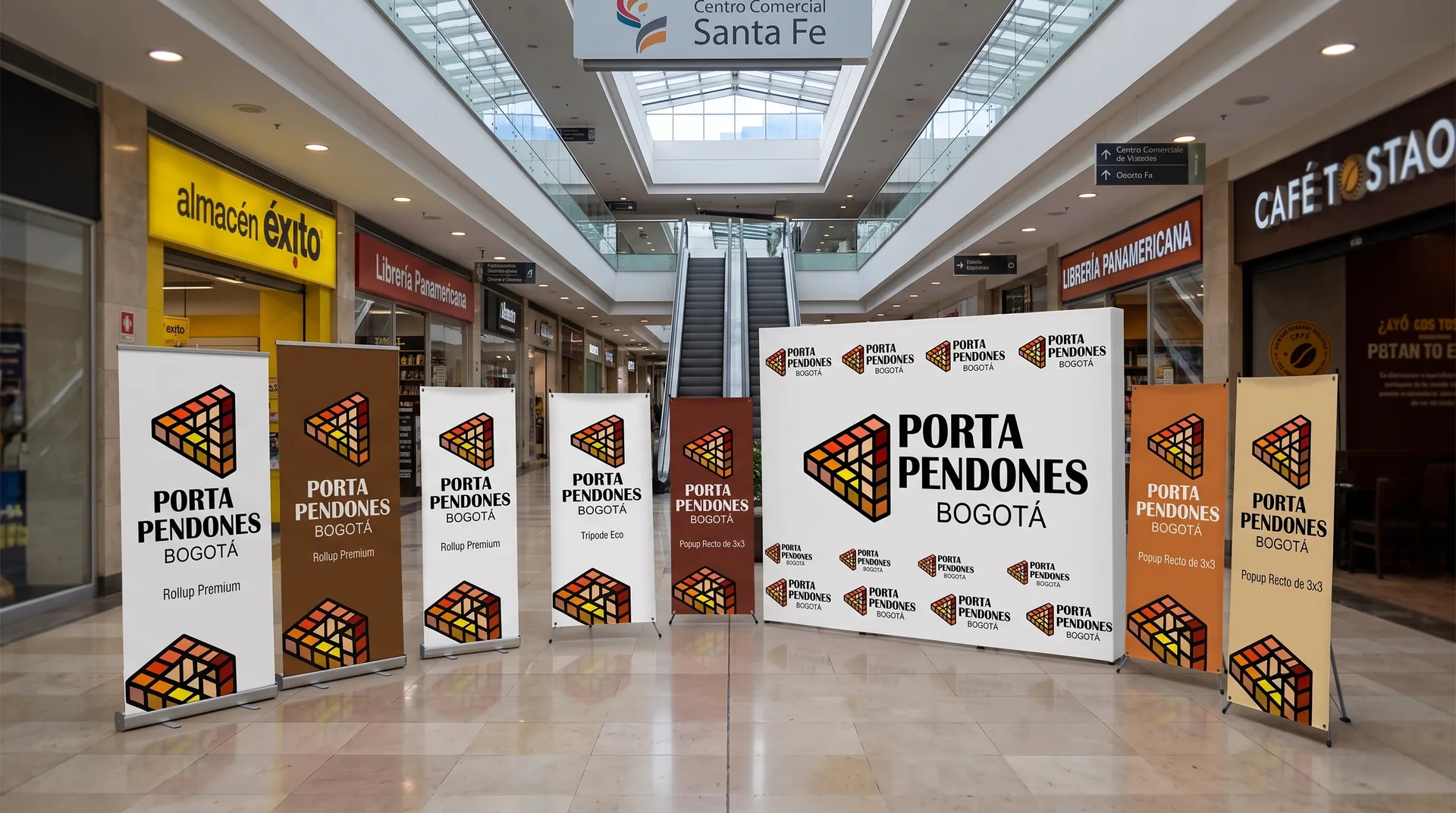 Stand de exhibición con porta pendones bogota, rollups publicitarios y backing para ferias y eventos